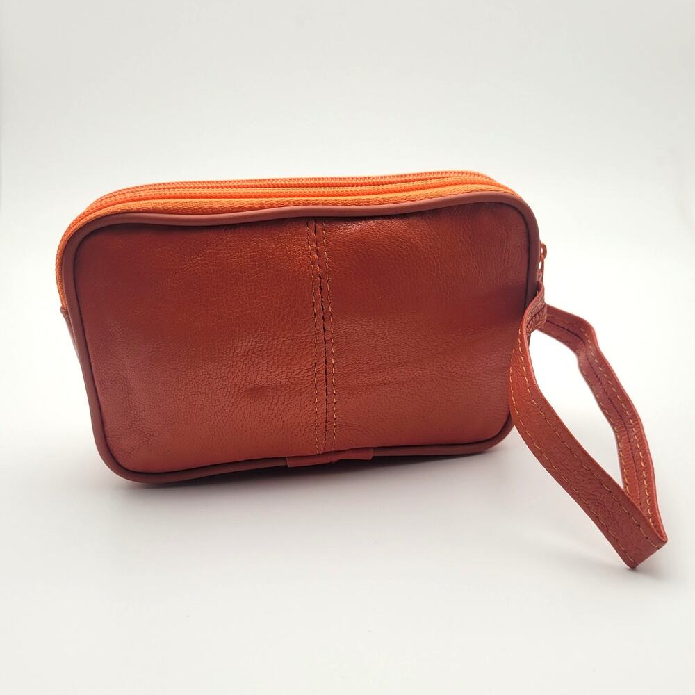 Orange Leather Travel Wristlet Double Zip Small Organizer Pouch NWT Supple Gift